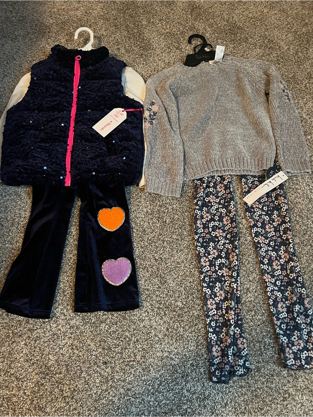 Girls Navy Plush Vest & Heart Patch Pants Set & grey sweater floral pant set